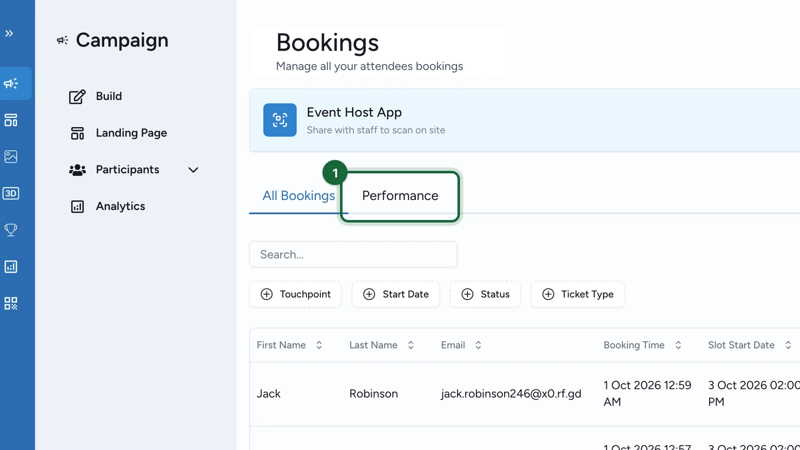 Bookings with the Performance tab highlighted