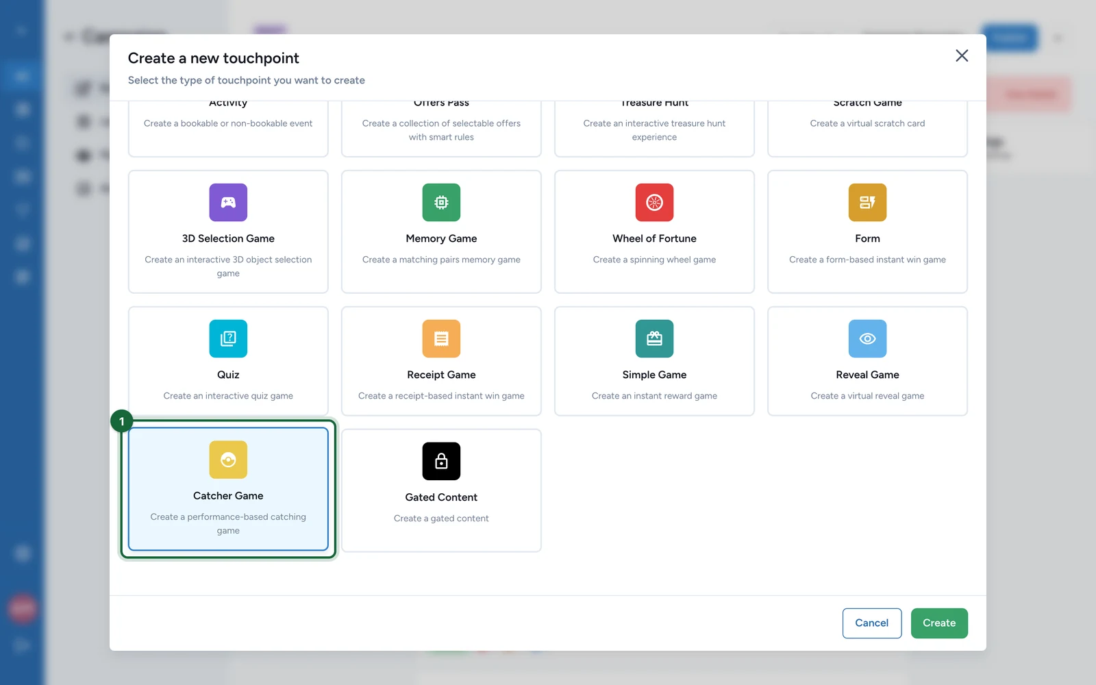 Create a new touchpoint window with the Catcher Game tile highlighted