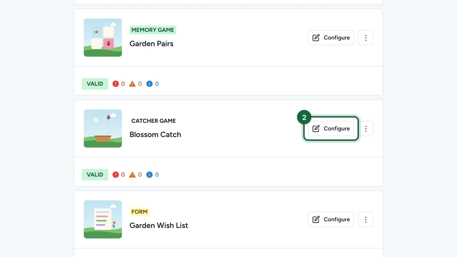 Blossom Catch card with its Configure button highlighted