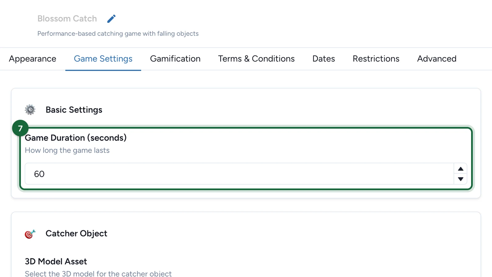 Game Settings tab with Game Duration 60 seconds, highlighted