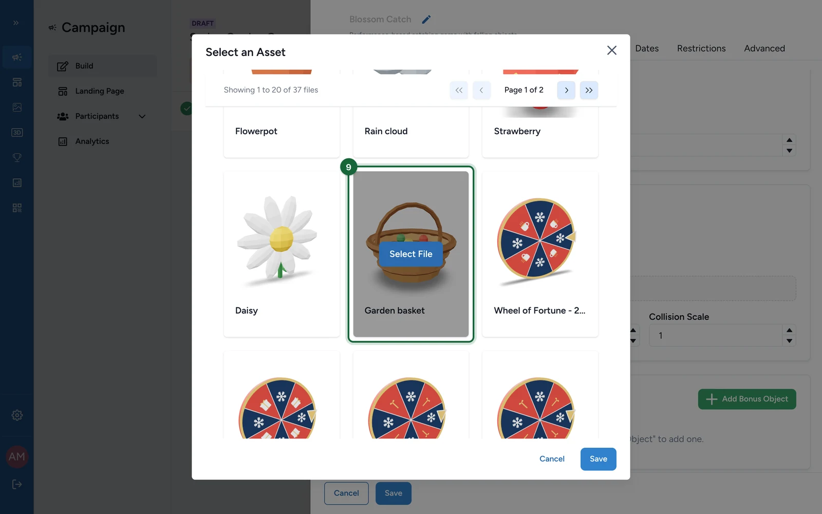 Select an Asset with the Garden basket model highlighted