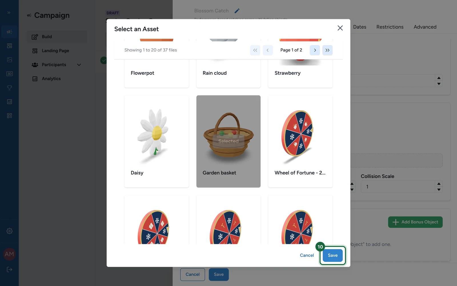 Select an Asset with the Garden basket selected and Save highlighted