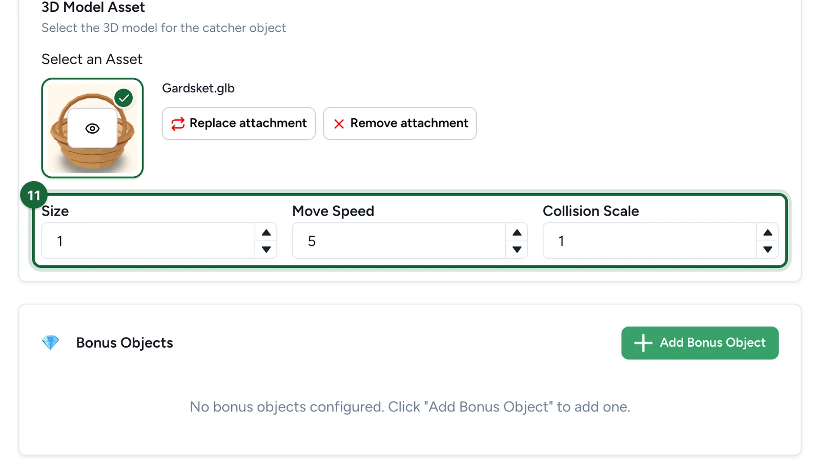 Catcher Object with the basket, and the Size, Move Speed and Collision Scale fields highlighted