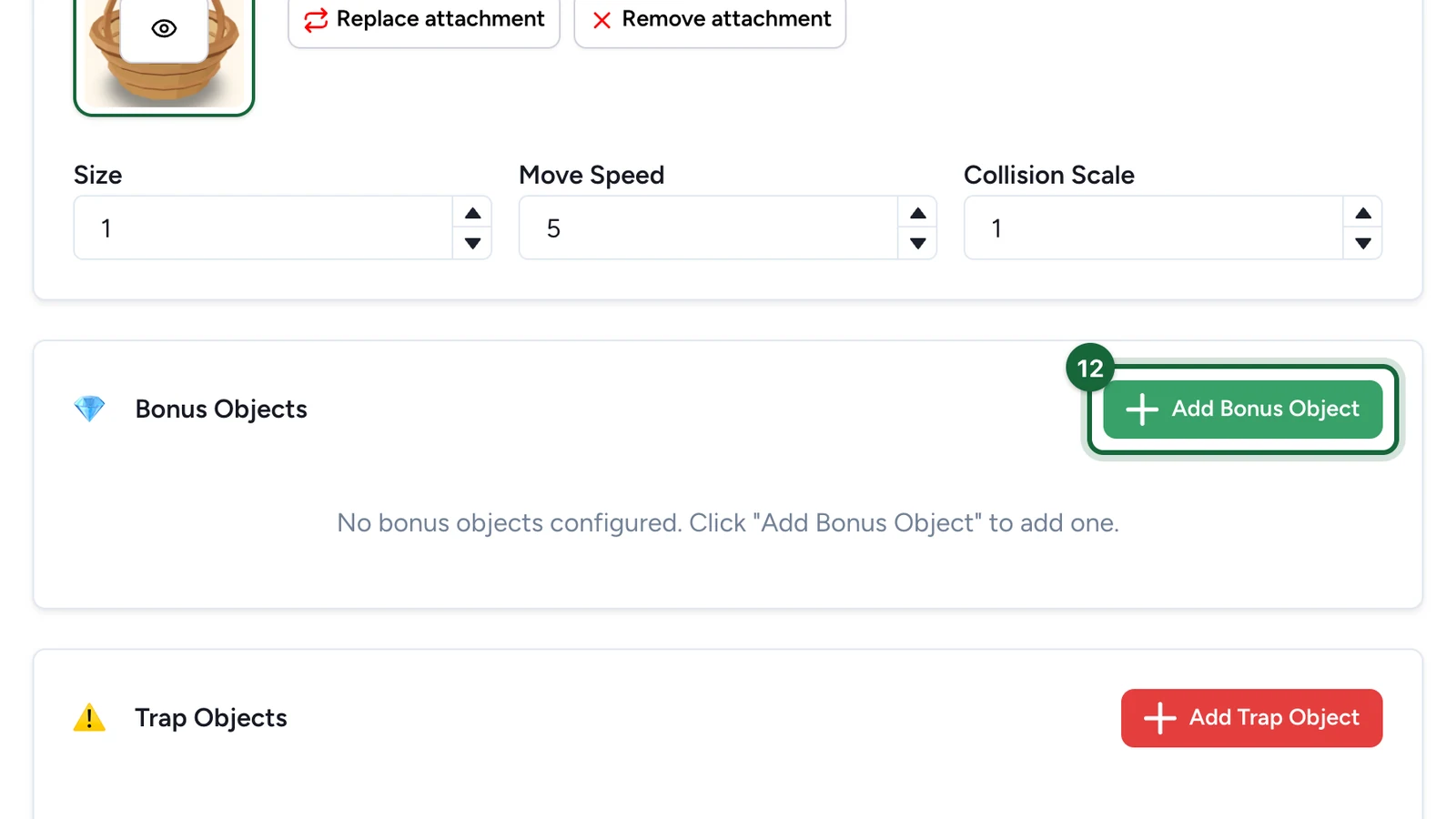 Bonus Objects with the Add Bonus Object button highlighted