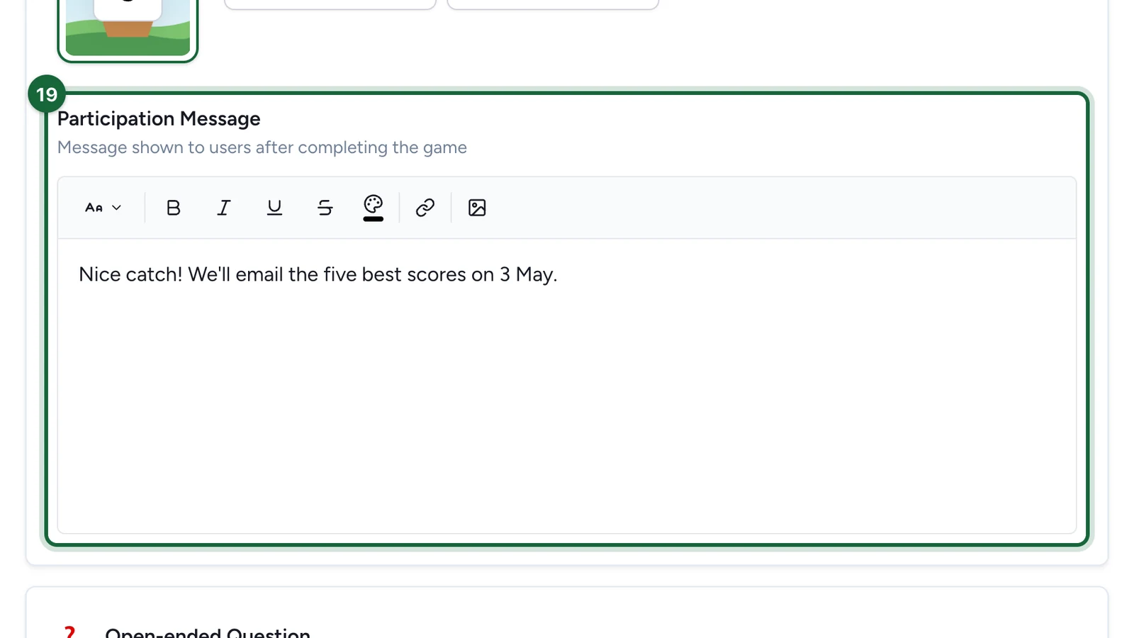 Participation Message saying the five best scores get an email, highlighted