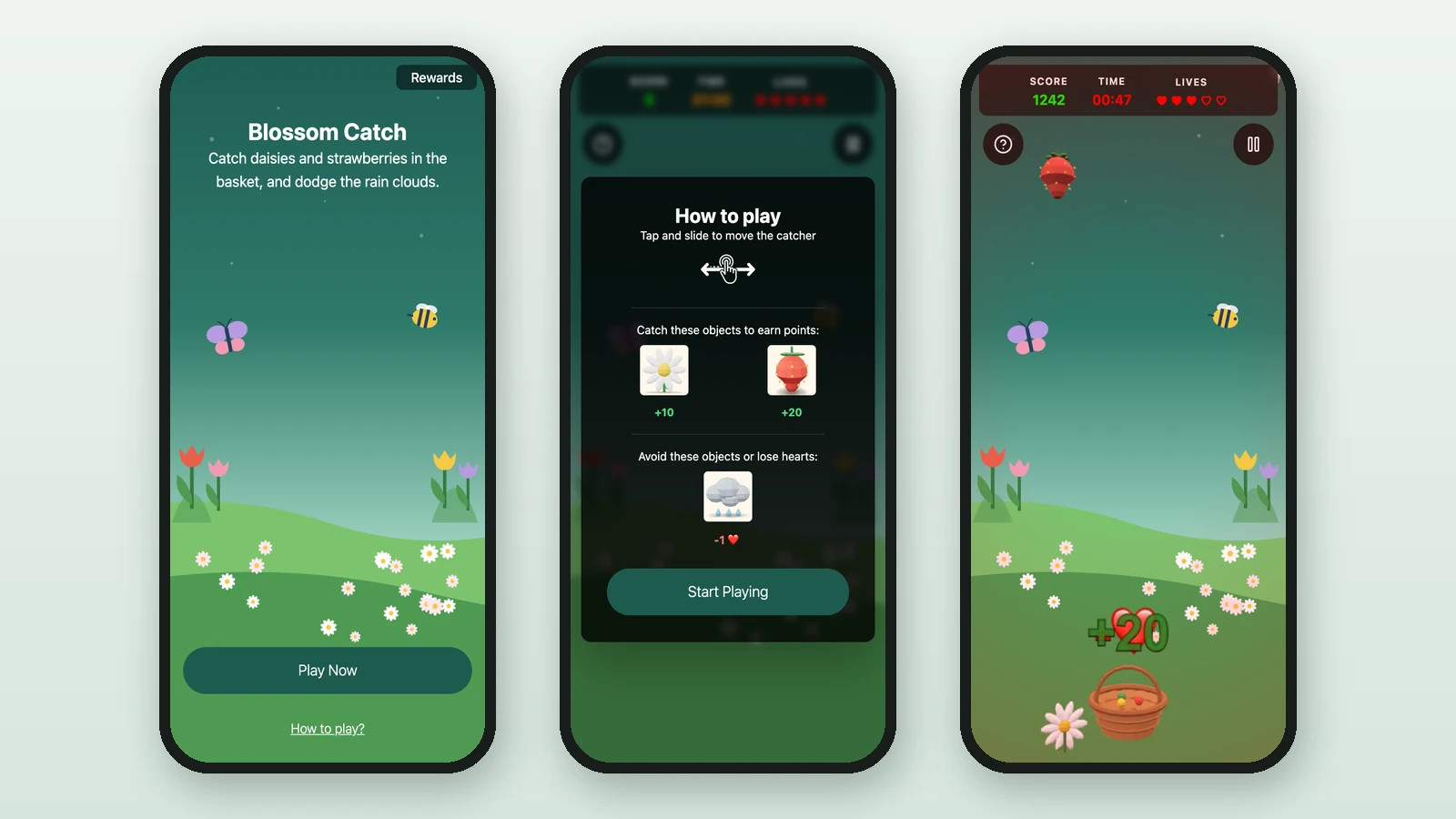 Blossom Catch on three phones: the start screen, the how-to-play screen, and the basket catching a strawberry