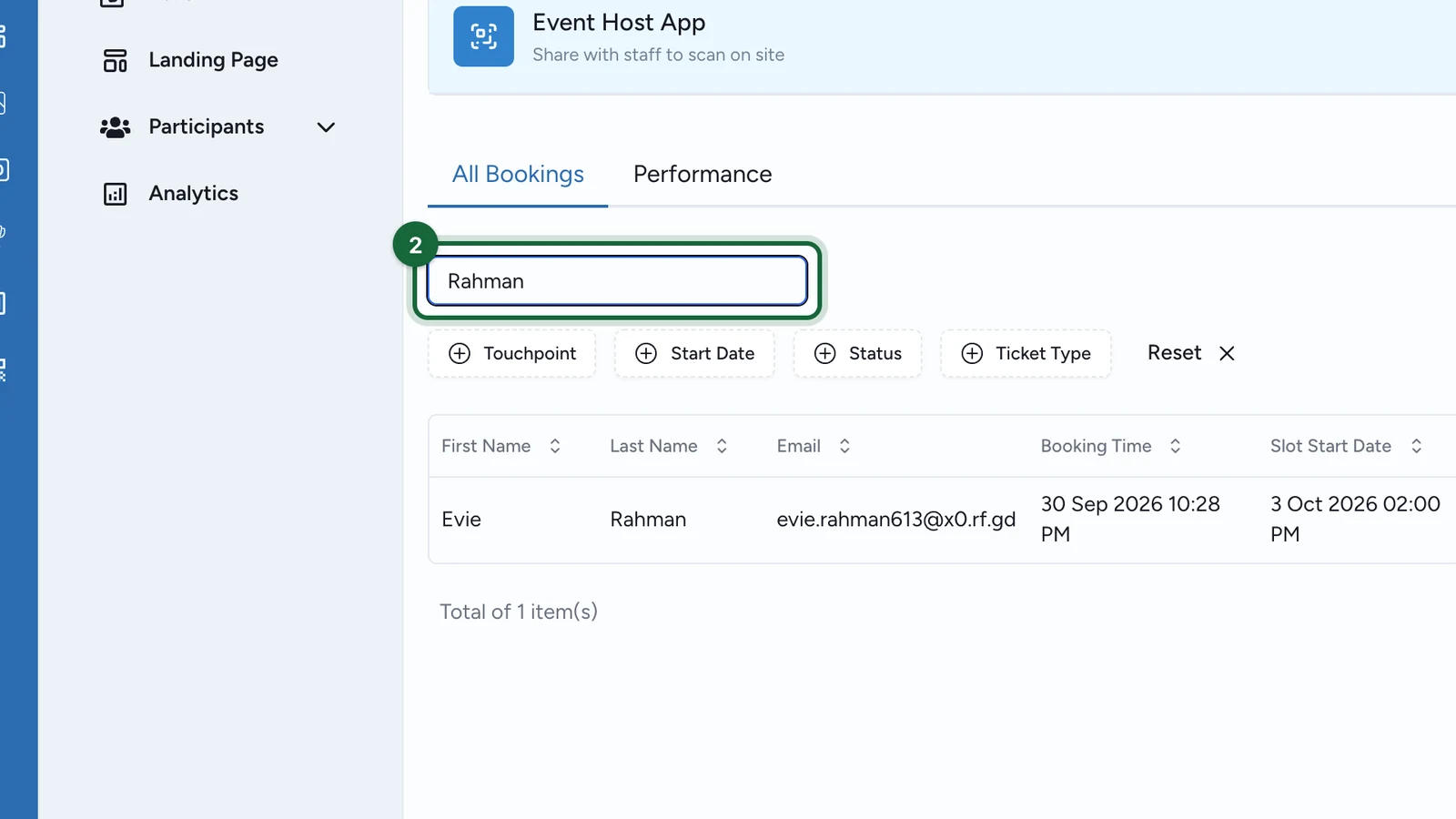 Bookings searched for Rahman, with the Search box highlighted and Evie Rahman's booking below