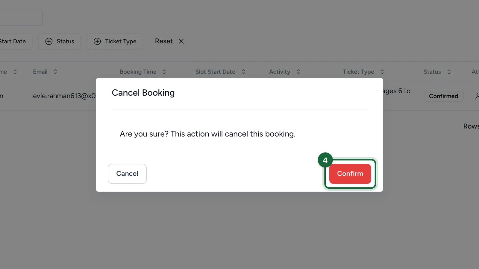 Cancel Booking window with the Confirm button highlighted
