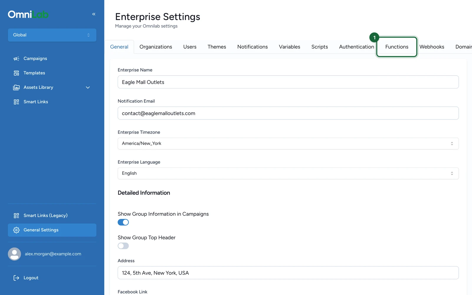 Enterprise Settings with the Functions tab highlighted