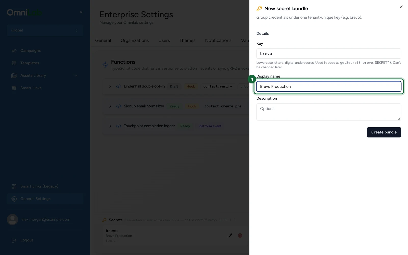 New secret bundle window with the Display name Brevo Production, highlighted