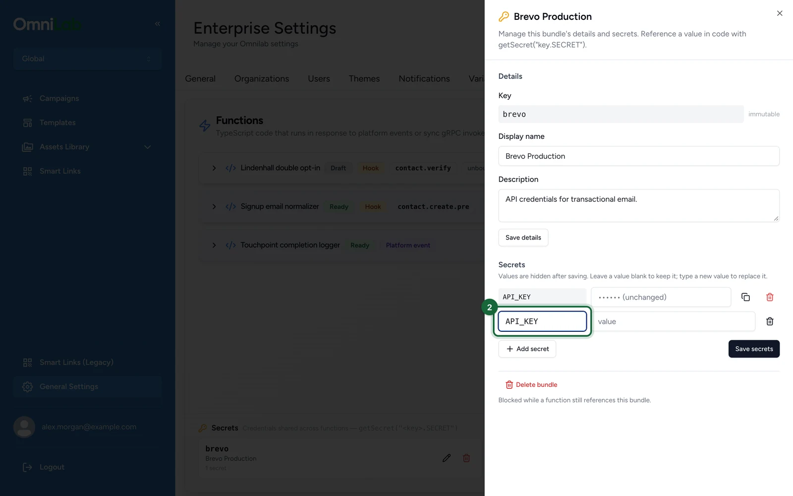 Secret bundle window with API_KEY in the new row, highlighted
