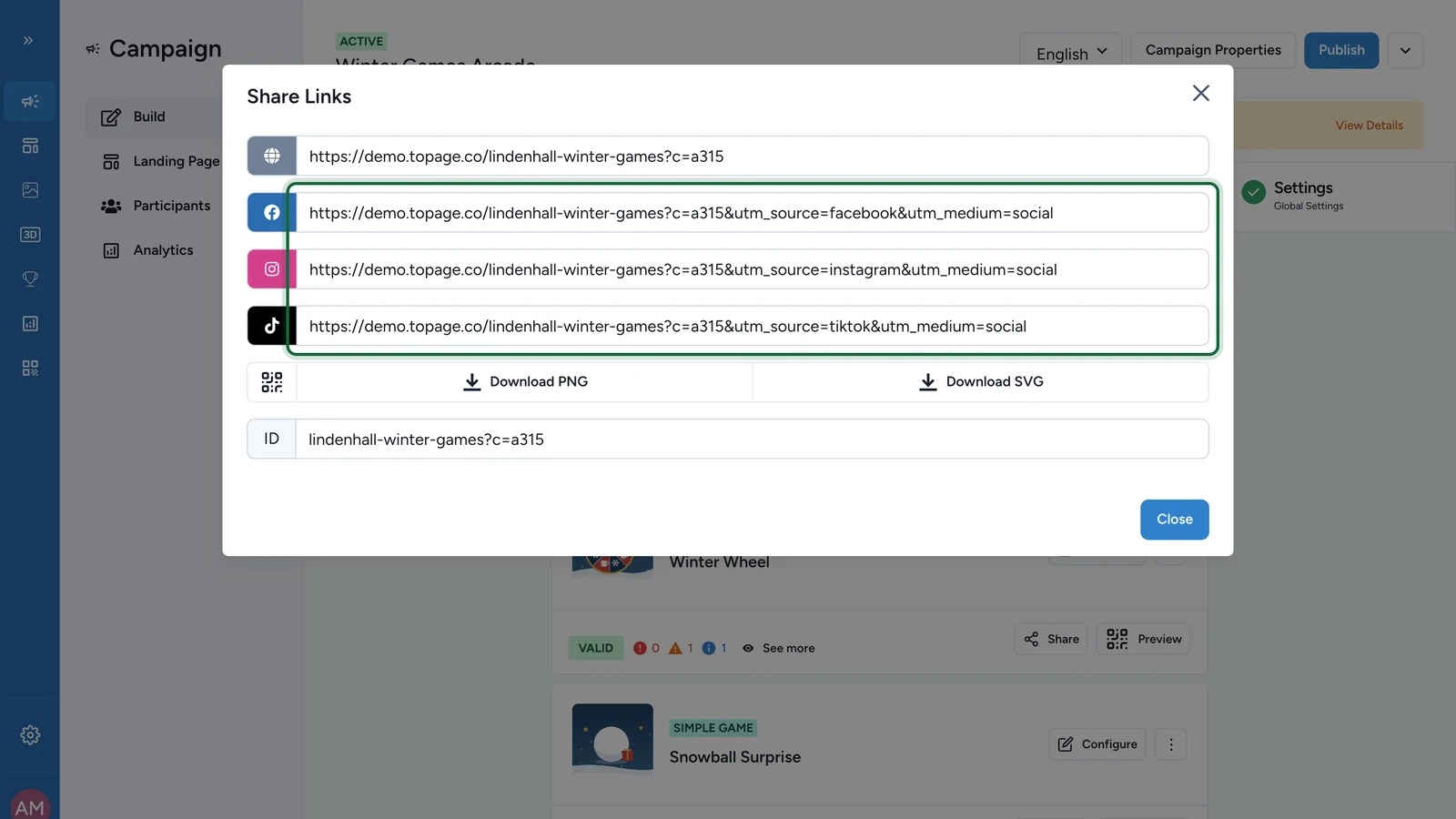 Share Links window with the Facebook, Instagram and TikTok links highlighted