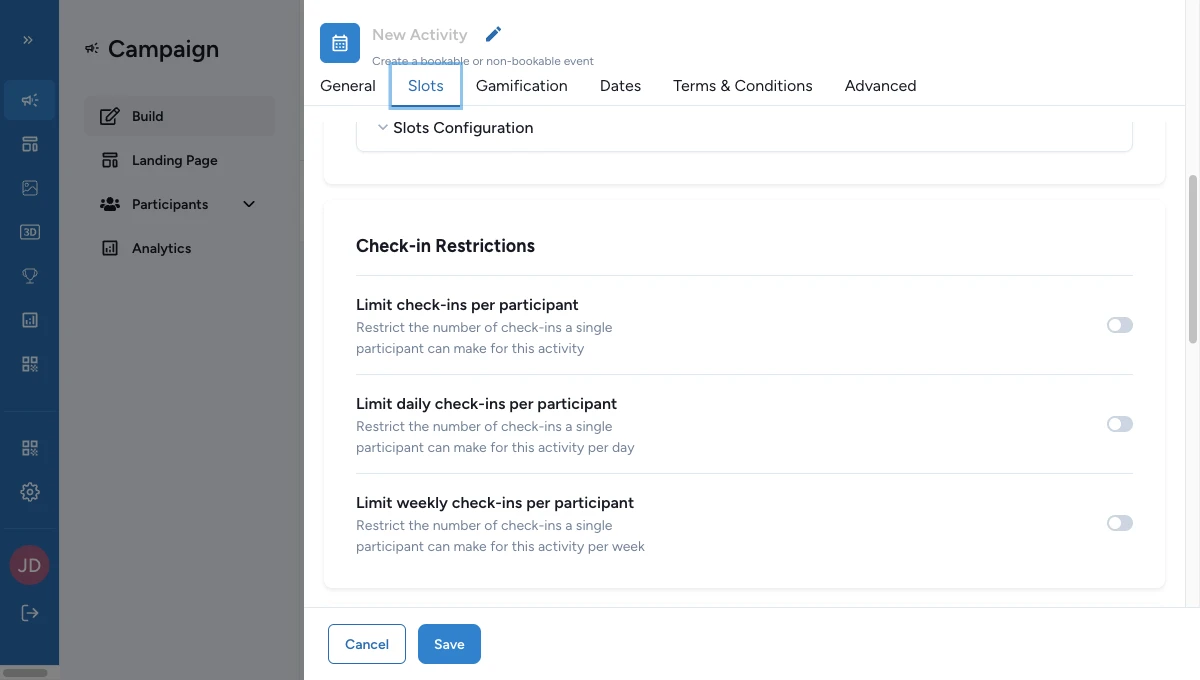 Check-in settings panel showing the method selector, early window, and end-date rule