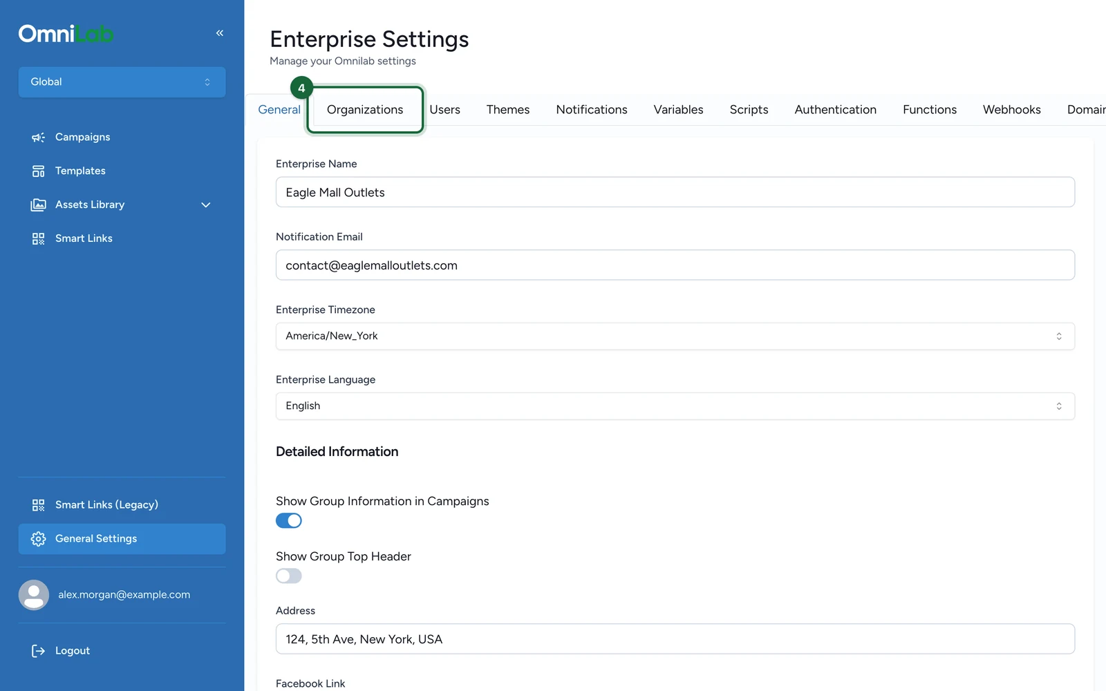Enterprise Settings with the Organizations tab highlighted
