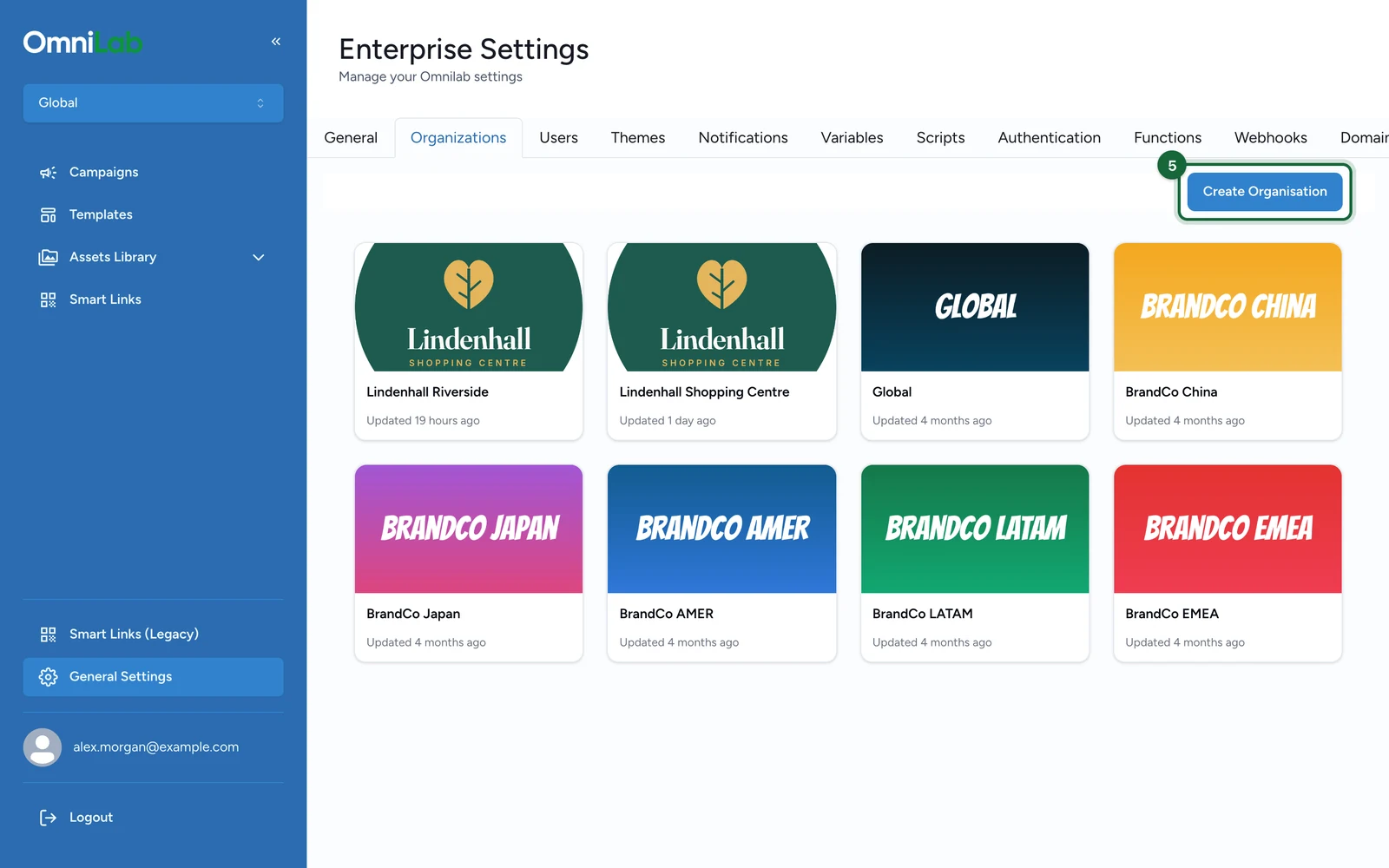 Organizations tab with the Create Organisation button highlighted