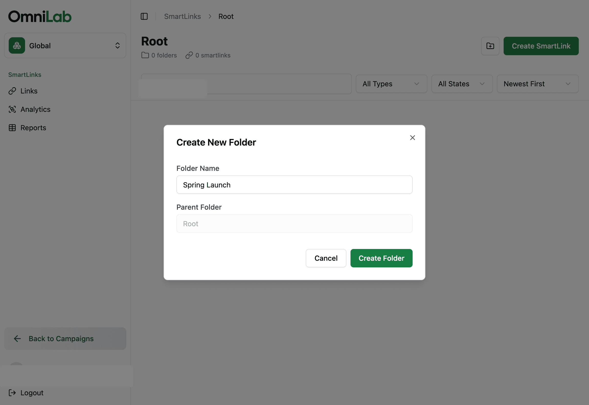 Create New Folder dialog with a folder name entered and the Create Folder action ready