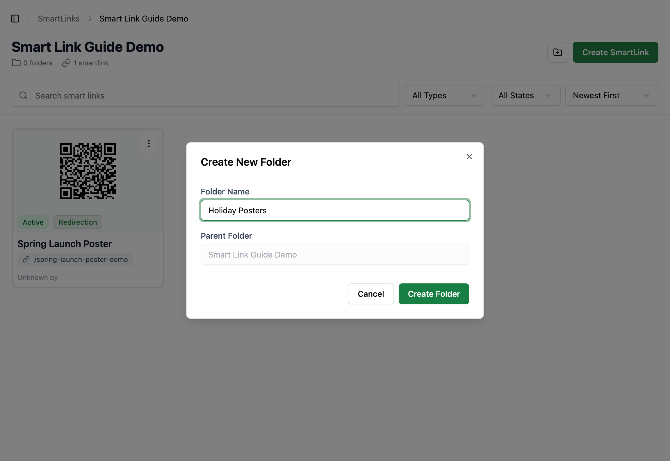 Fenêtre Create New Folder avec un nom de dossier clair, Parent Folder et l'action Create Folder