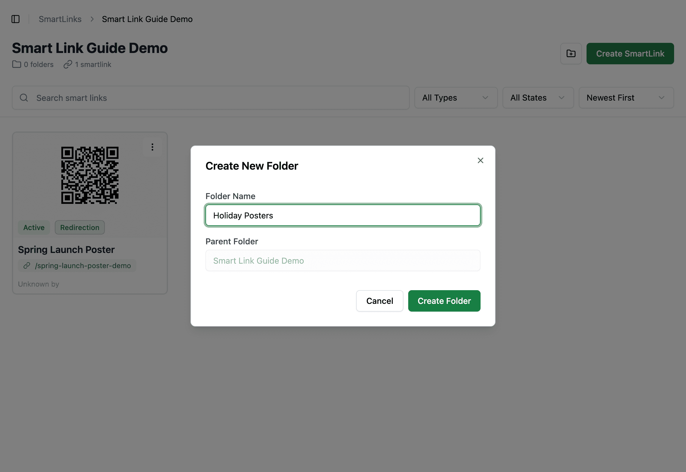 Create New Folder dialog with a clear folder name, Parent Folder, and Create Folder action