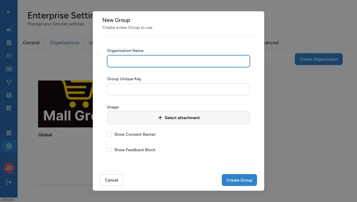 Create Organisation modal showing the name and unique key fields