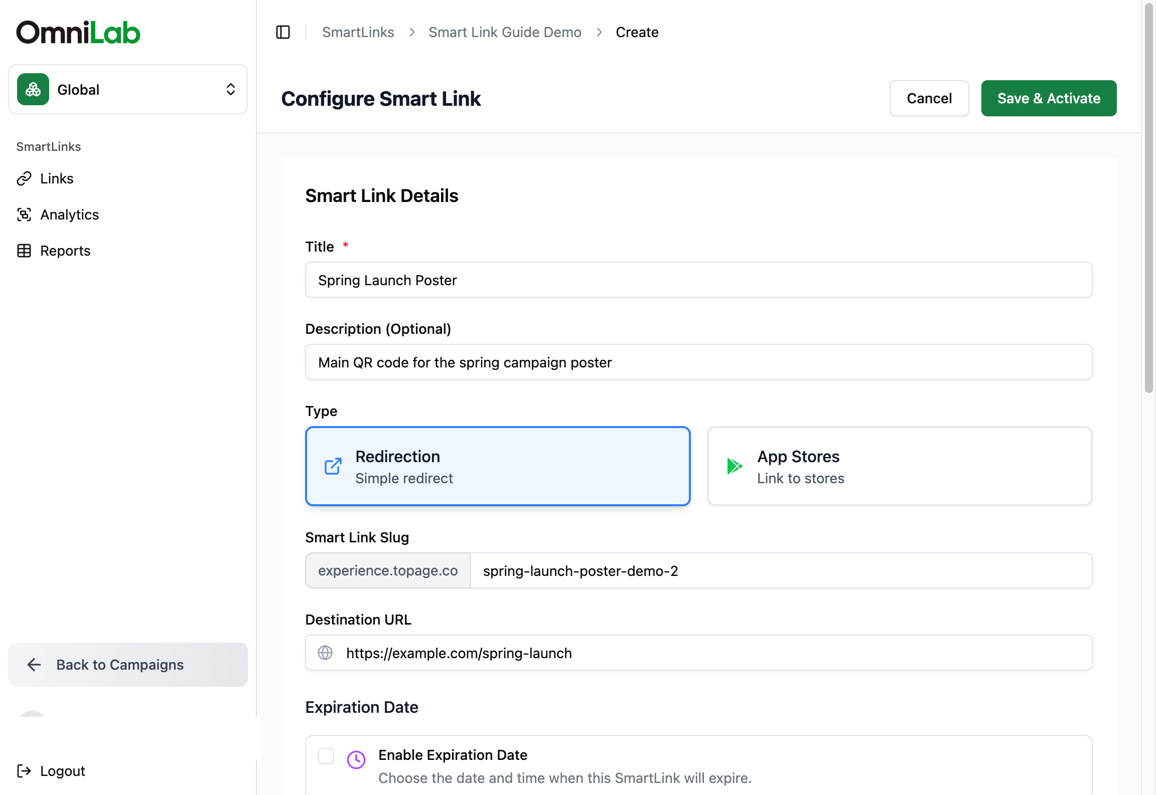 Configure OmniLab Smart Link form with Redirection, slug, and destination fields