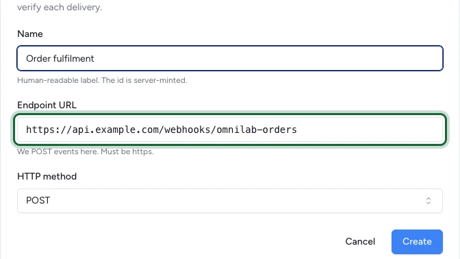 Boîte de dialogue Create webhook avec le nom, l'URL d'endpoint et la méthode HTTP renseignés