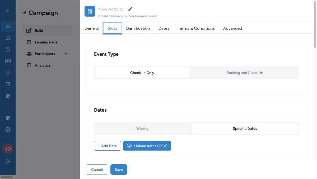 Slots Dates section with the schedule mode selector and a date entry added