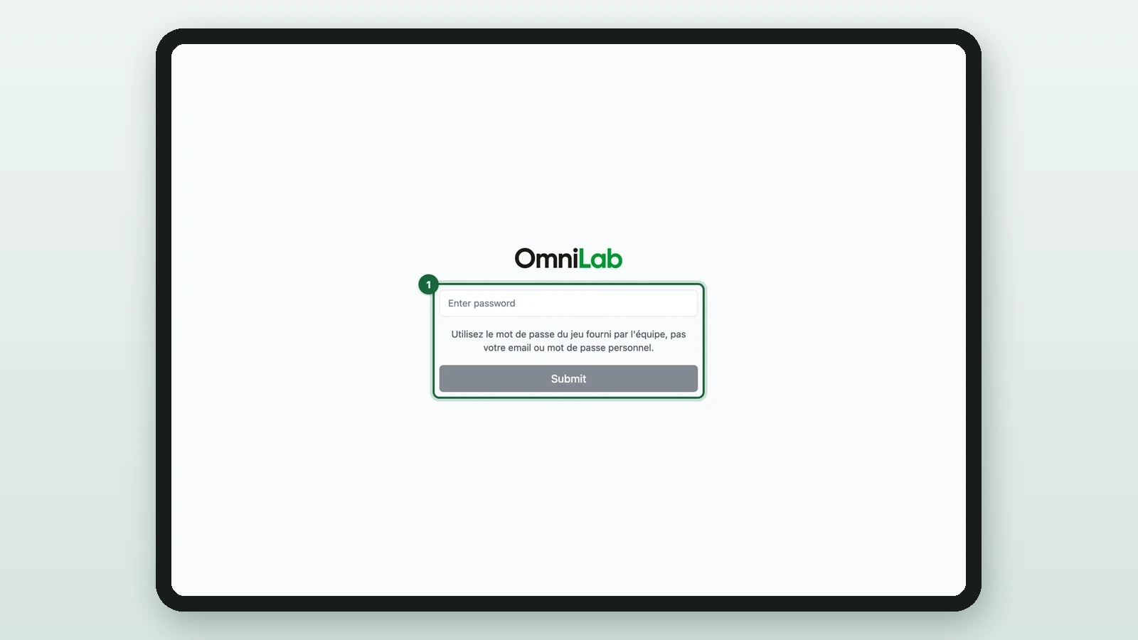Event Host App sign-in card with the password field and Submit highlighted on a tablet