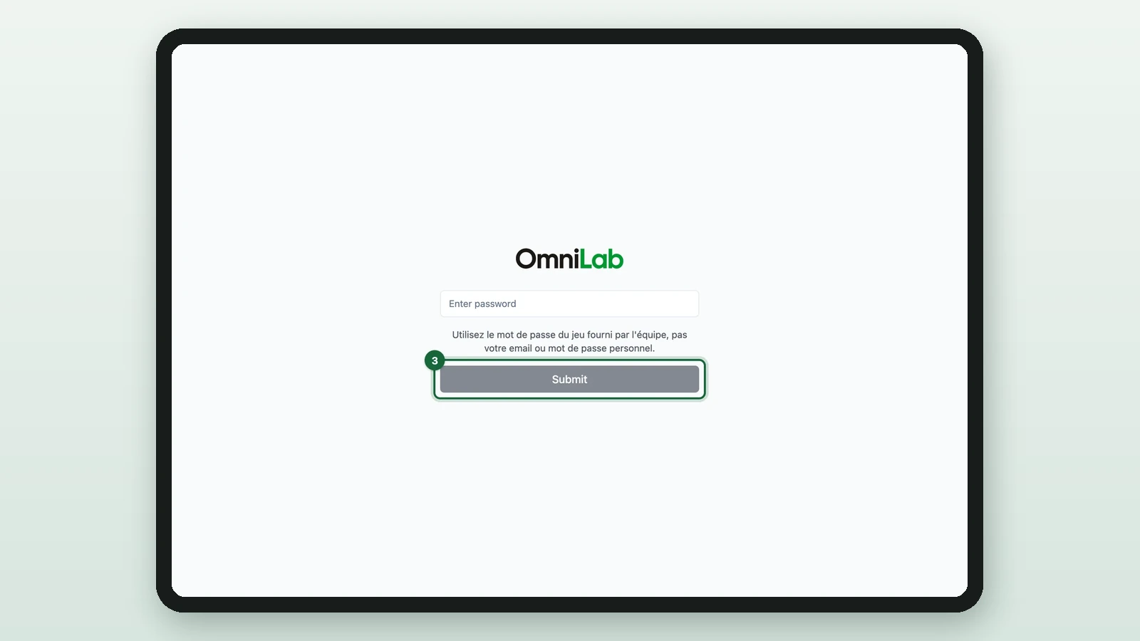 Event Host App sign-in screen with the Submit button highlighted on a tablet