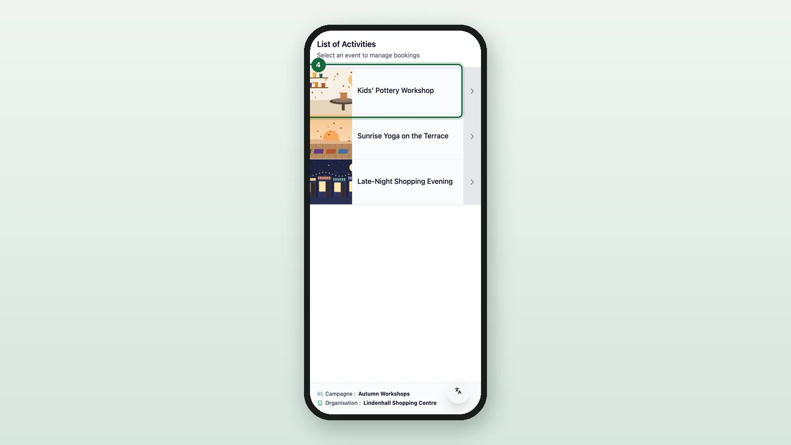 List of Activities with Kids' Pottery Workshop highlighted on a phone