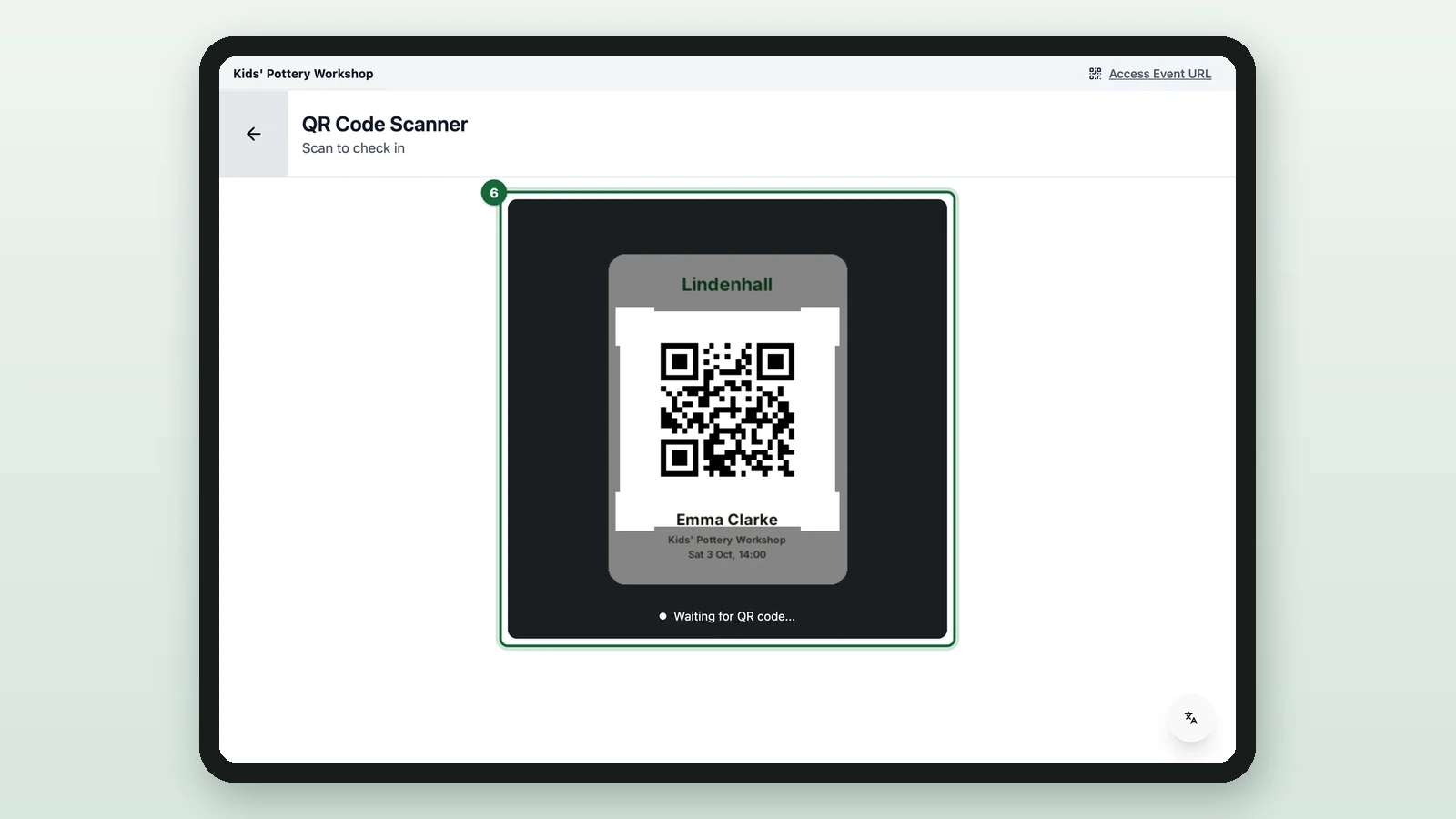 QR Code Scanner with a guest's ticket in the camera, highlighted on a tablet