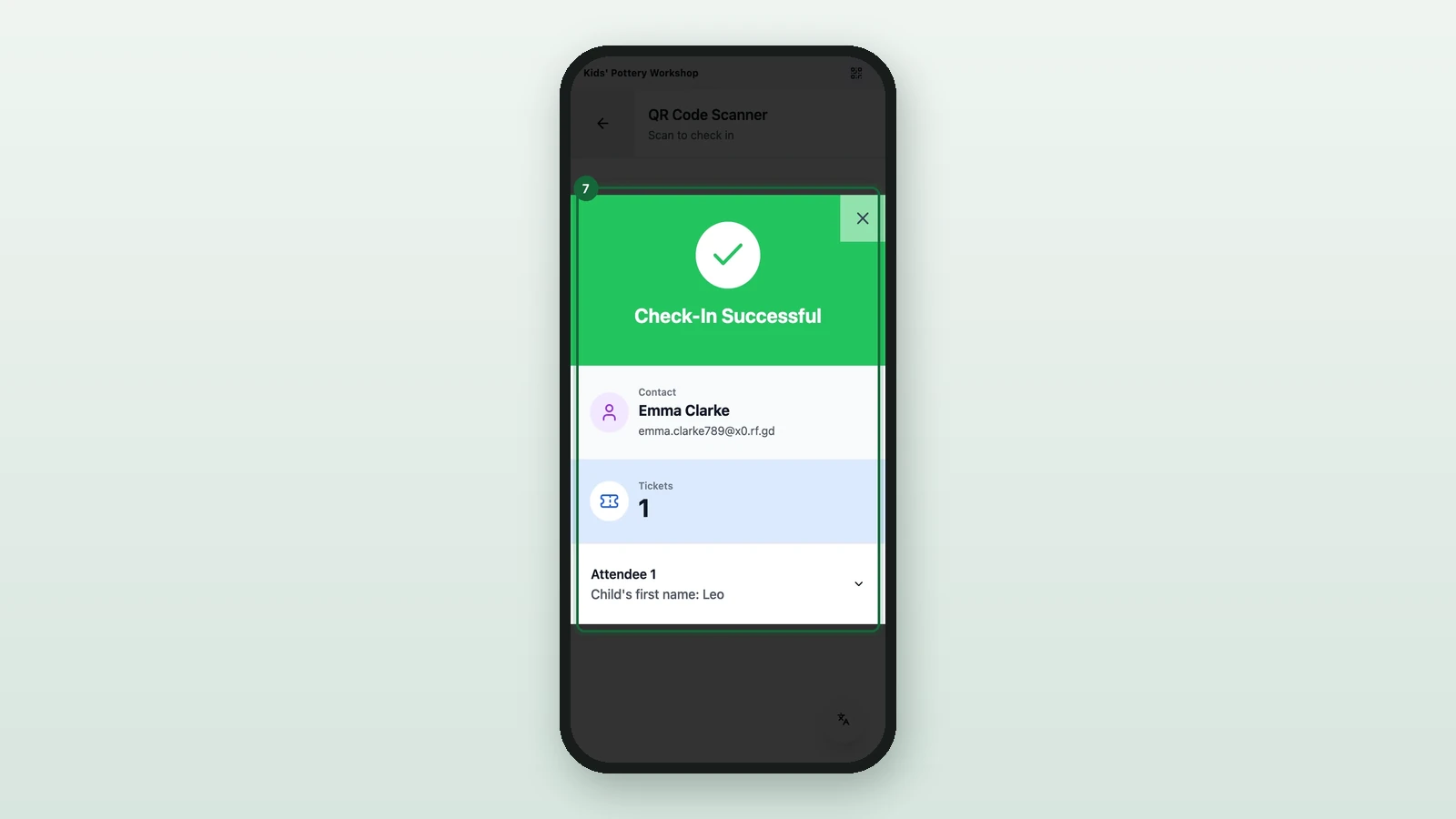Check-In Successful window with the guest's name and tickets, highlighted on a phone