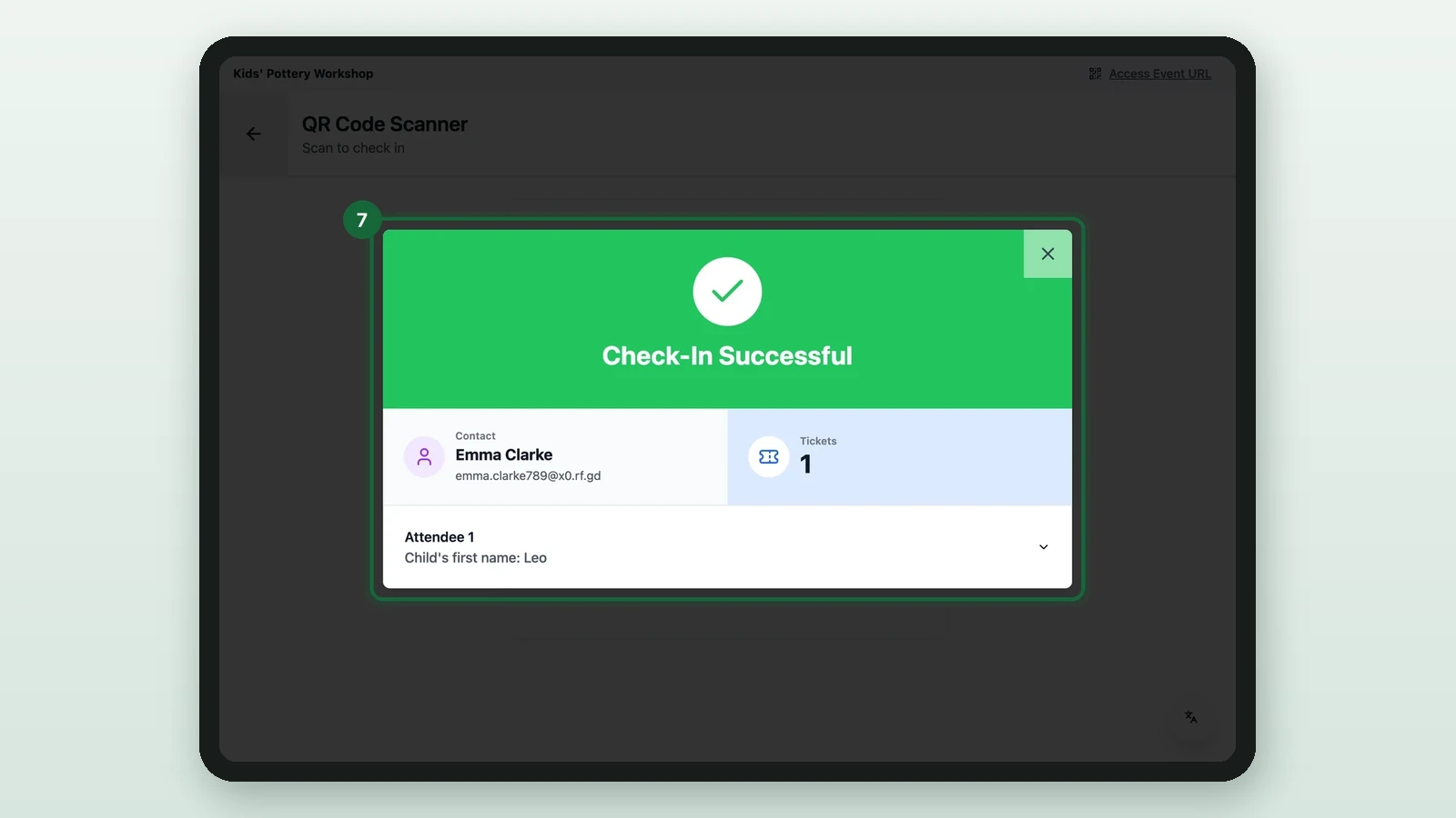 Check-In Successful window with the guest's name and tickets, highlighted on a tablet