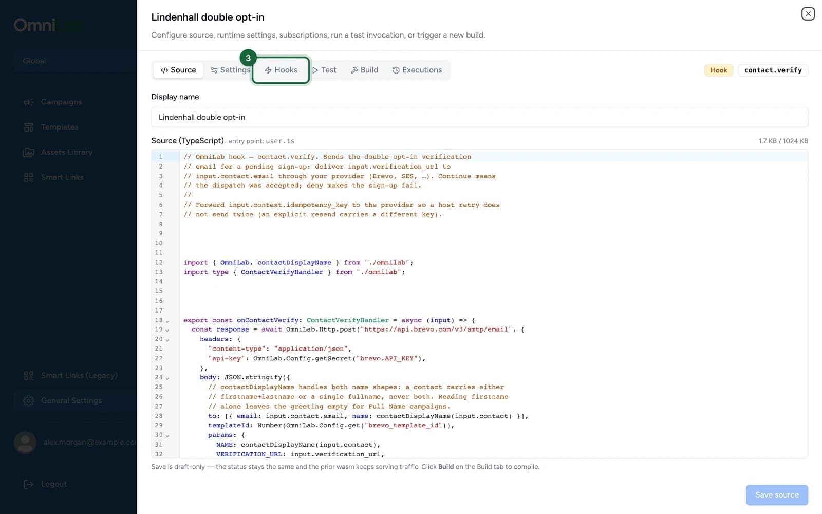 Lindenhall double opt-in with the Hooks tab highlighted