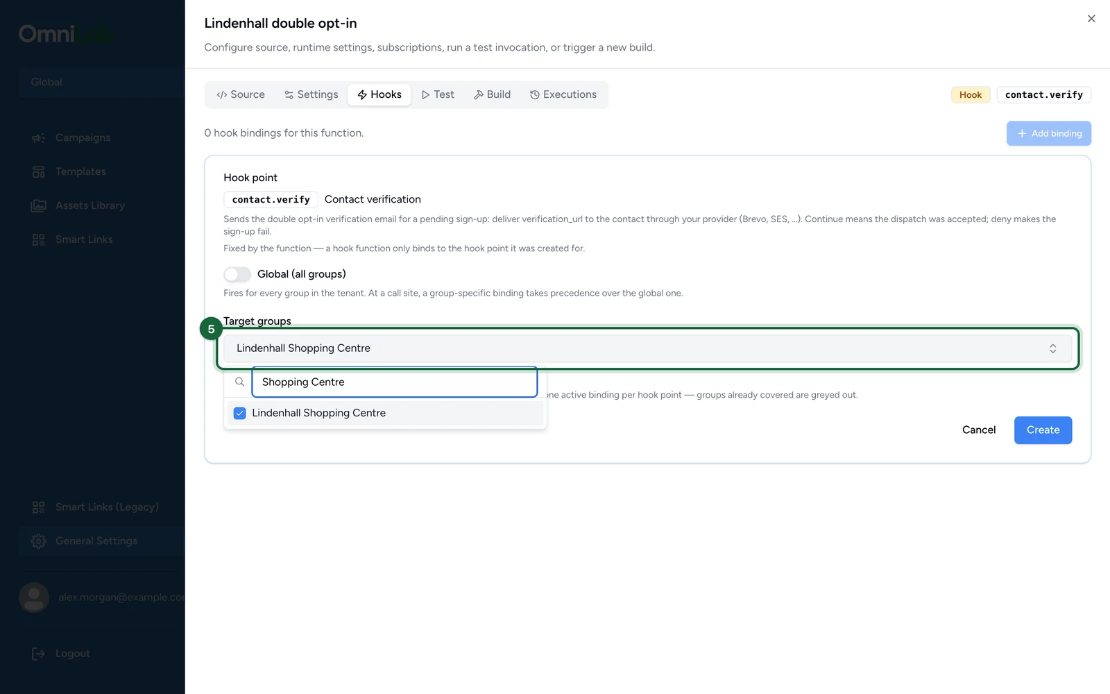 Add binding form with Lindenhall Shopping Centre in Target groups, highlighted