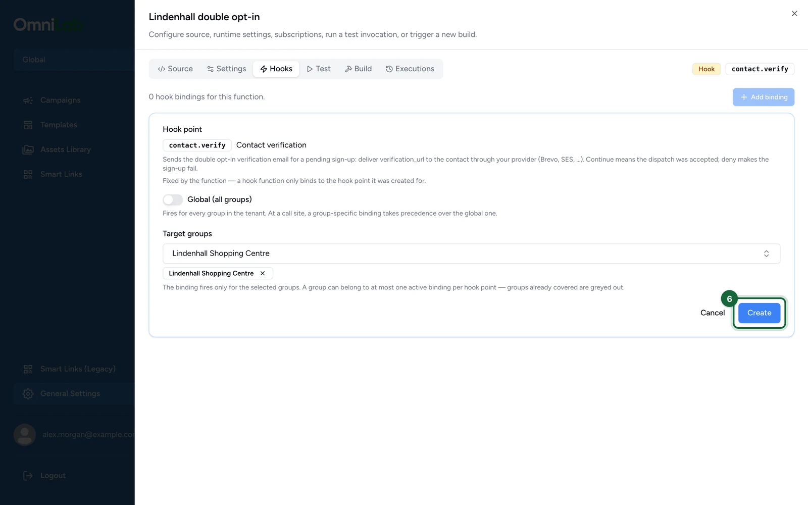 Add binding form with the Create button highlighted