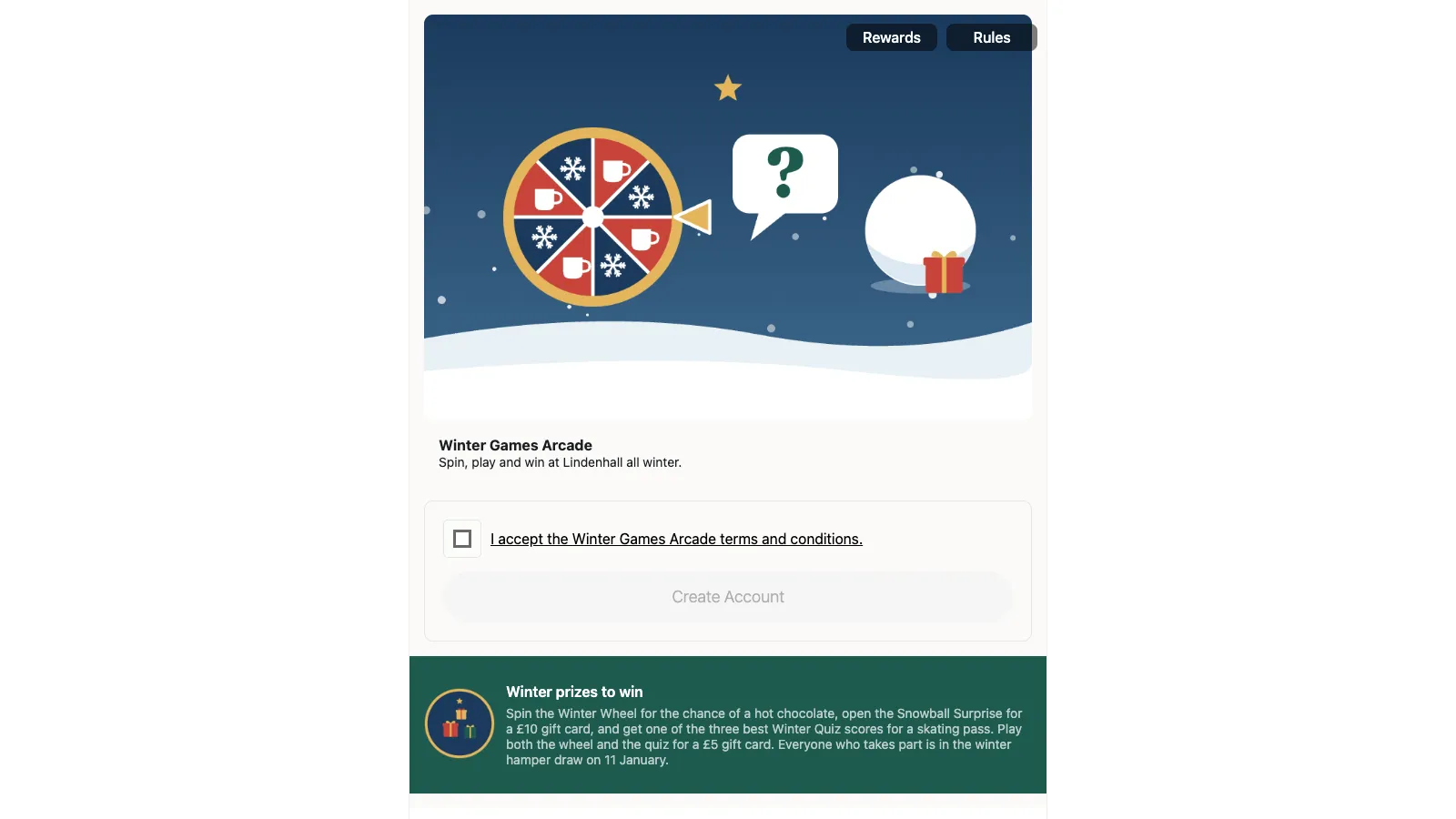 Winter Games Arcade on a computer in One column: a centred column with the header, the sign-up button and the prize summary