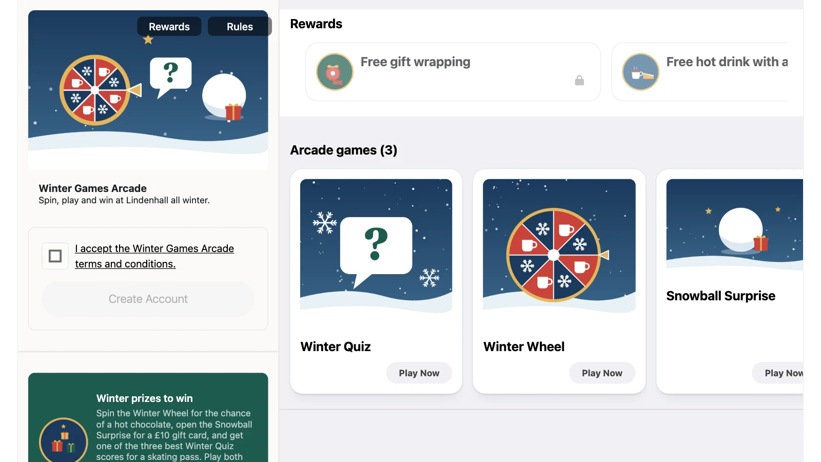 Winter Games Arcade on a computer: header and instructions on the left, rewards and three games on the right