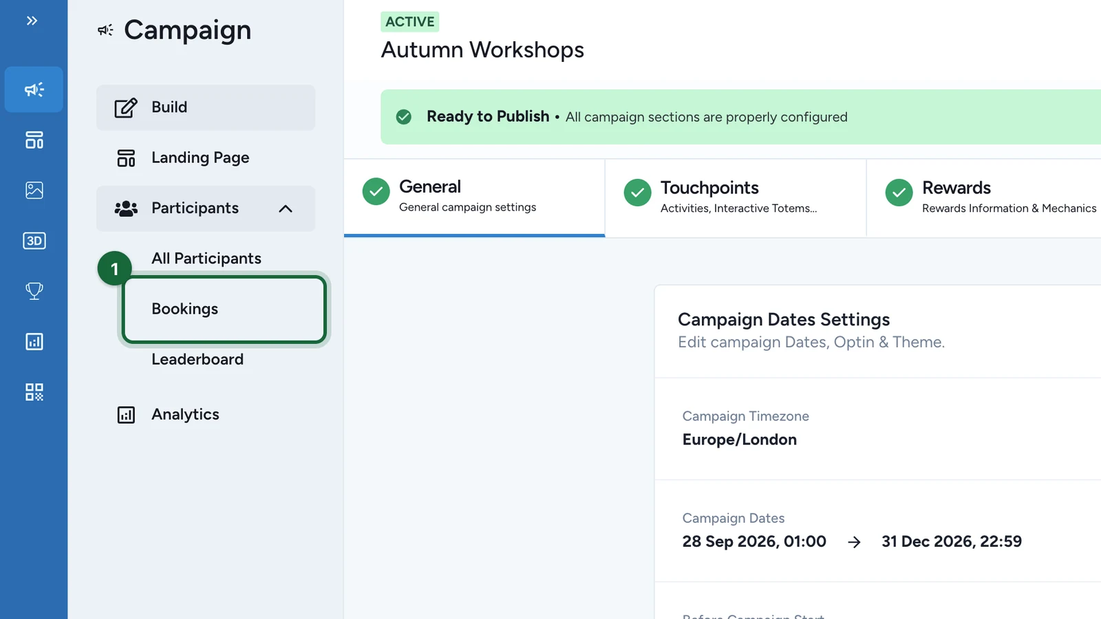 Campaign menu with Participants open and Bookings highlighted