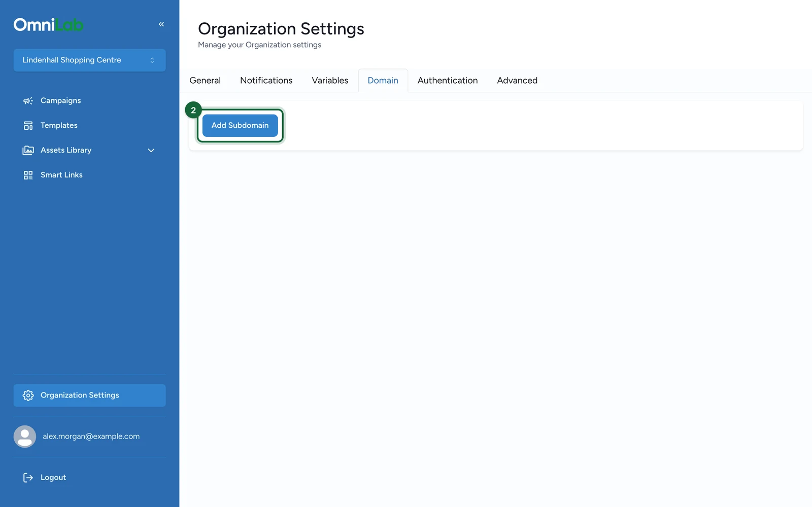 Domain tab with the Add Subdomain button highlighted