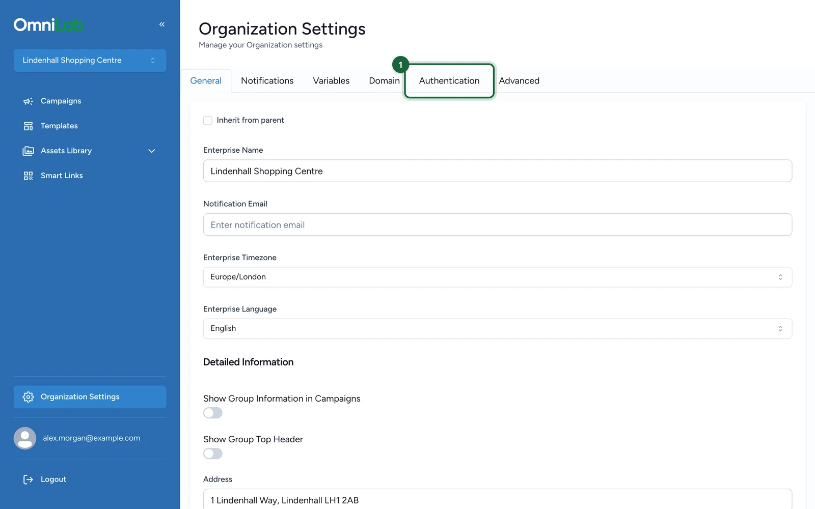 Organization Settings for Lindenhall Shopping Centre with the Authentication tab highlighted