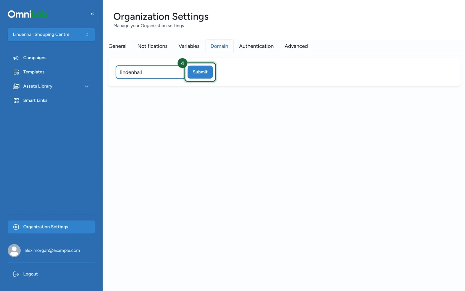 Domain tab with the Submit button highlighted