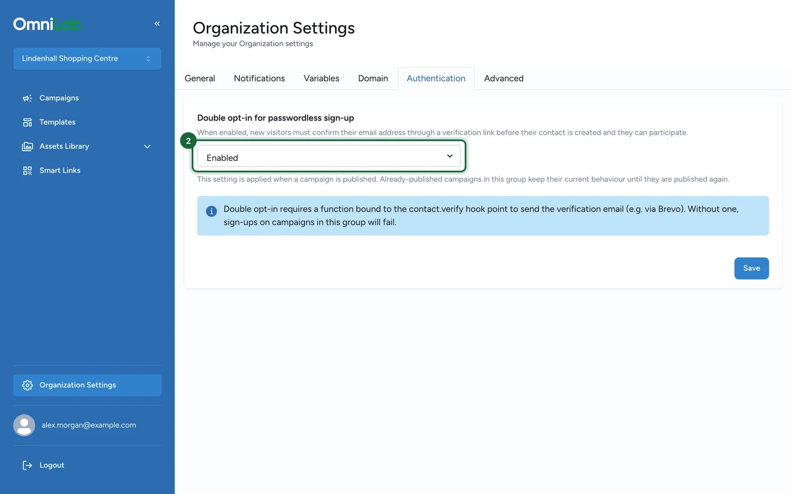 Authentication tab with Double opt-in for passwordless sign-up set to Enabled, highlighted