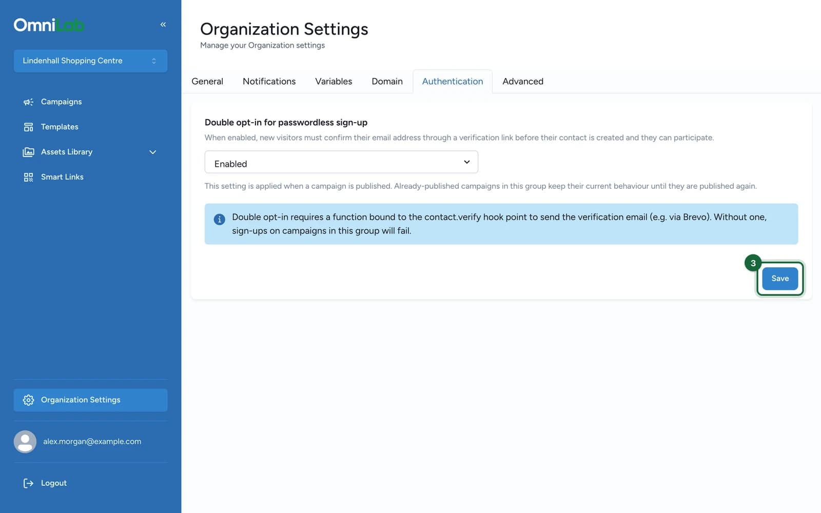 Authentication tab with the Save button highlighted
