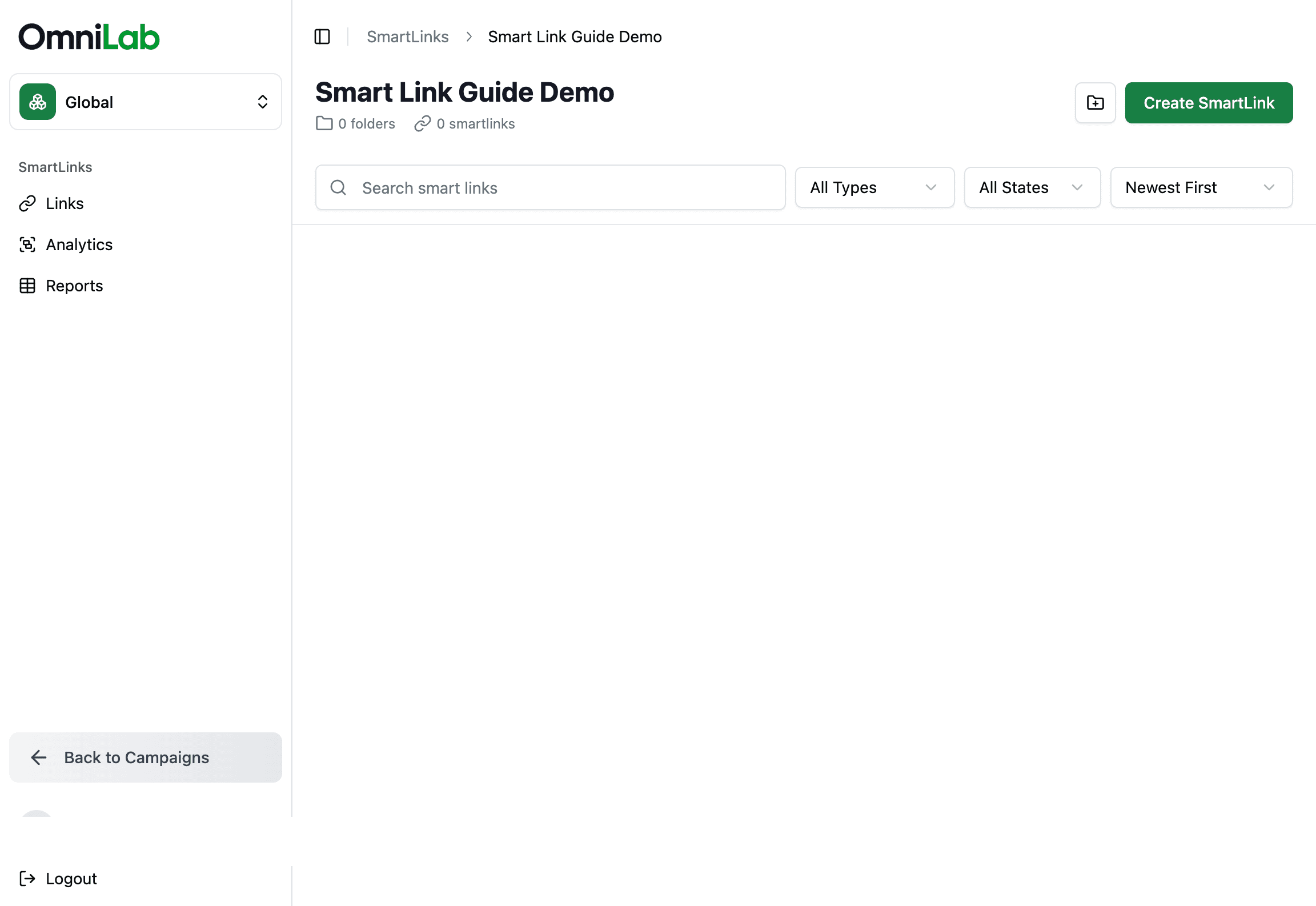 New Smart Links folder opened and ready for its first Smart Link