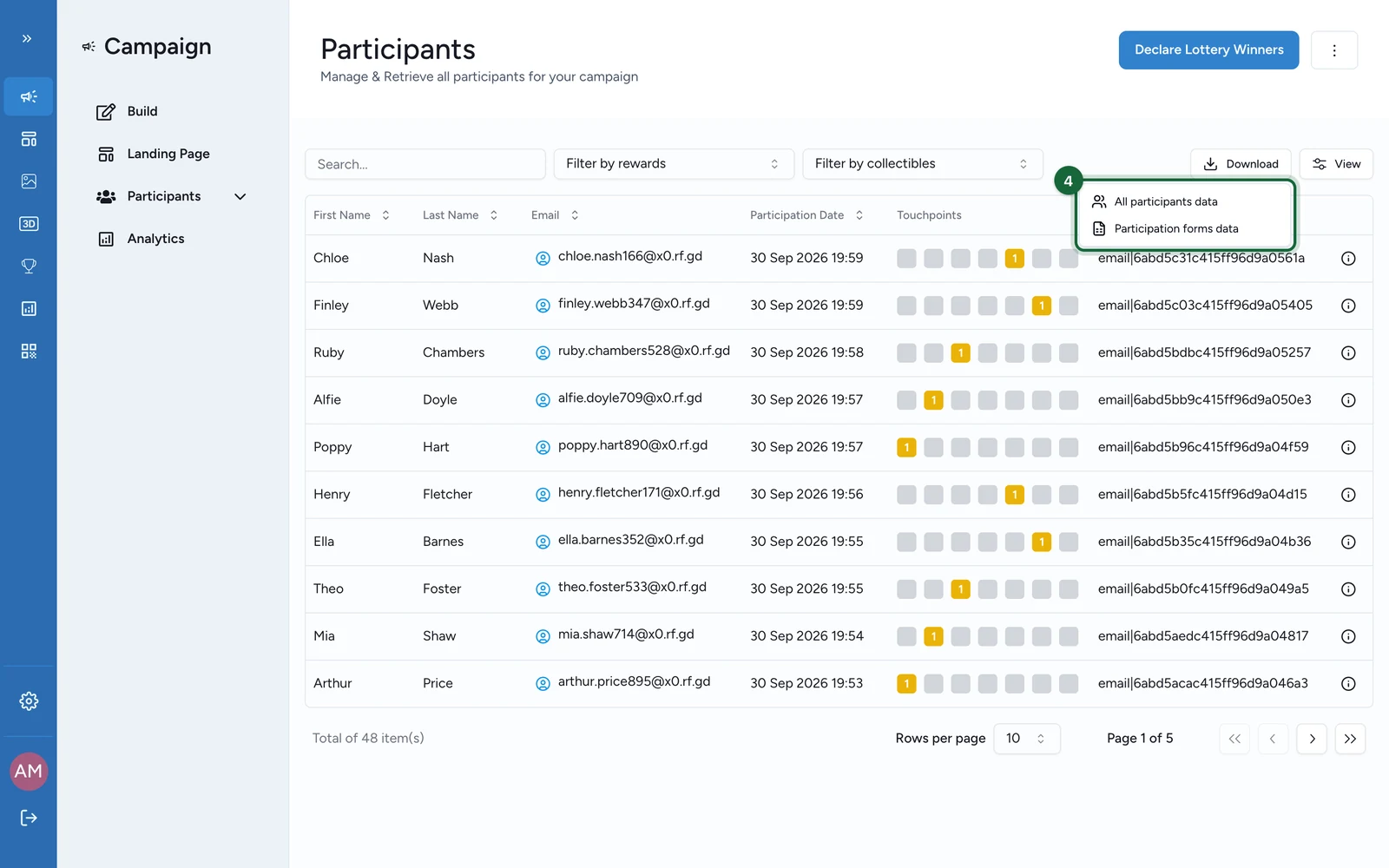 Download menu with All participants data and Participation forms data highlighted