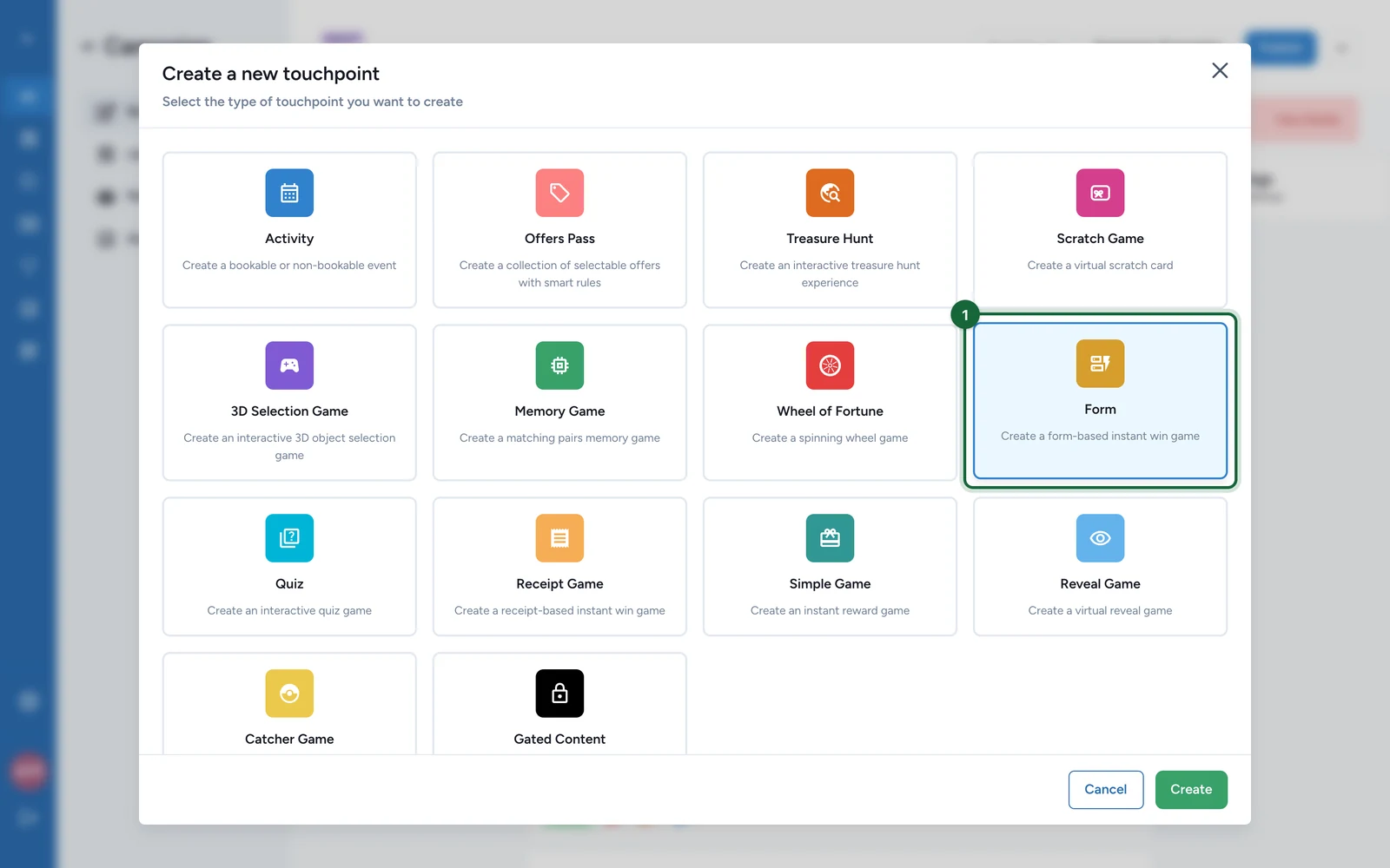 Create a new touchpoint window with the Form tile highlighted