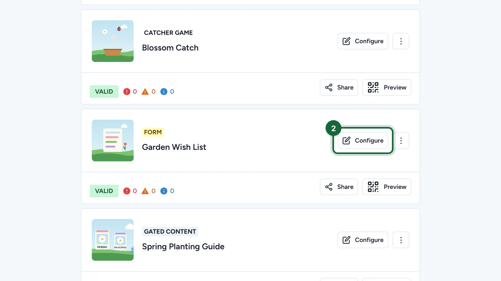 Garden Wish List card with its Configure button highlighted