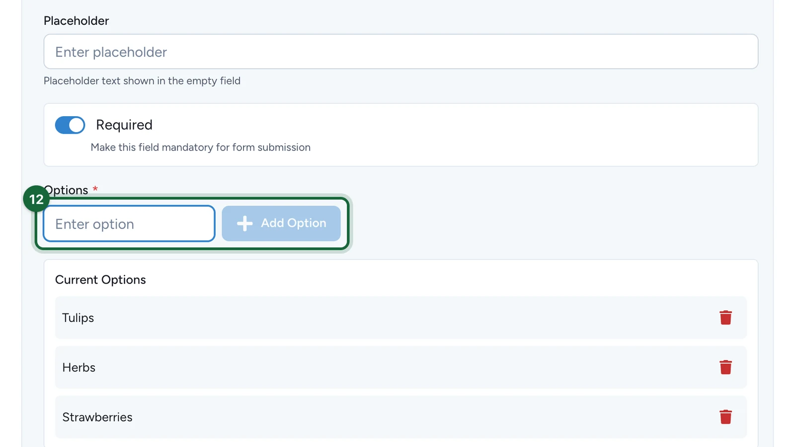 Options with Tulips, Herbs and Strawberries added, and the option field highlighted