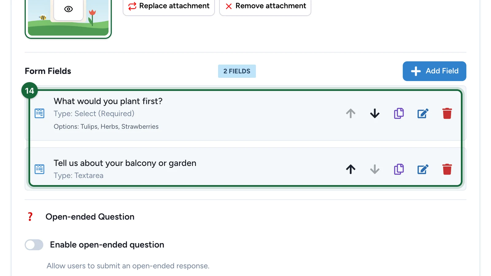 Form Fields listing the plant question and the balcony question, highlighted
