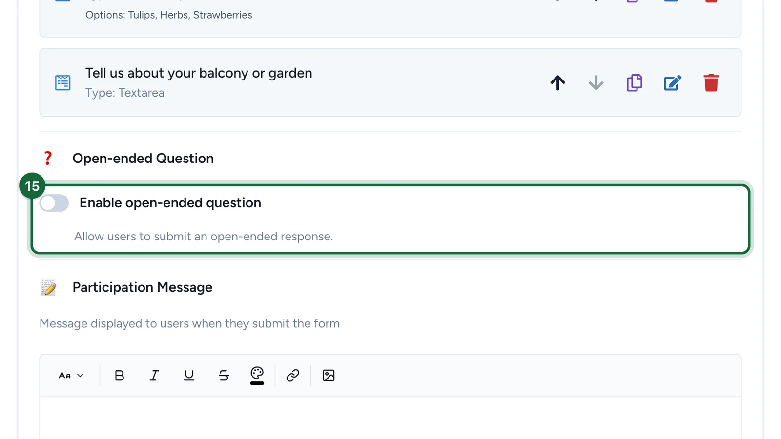 Enable open-ended question switch, highlighted